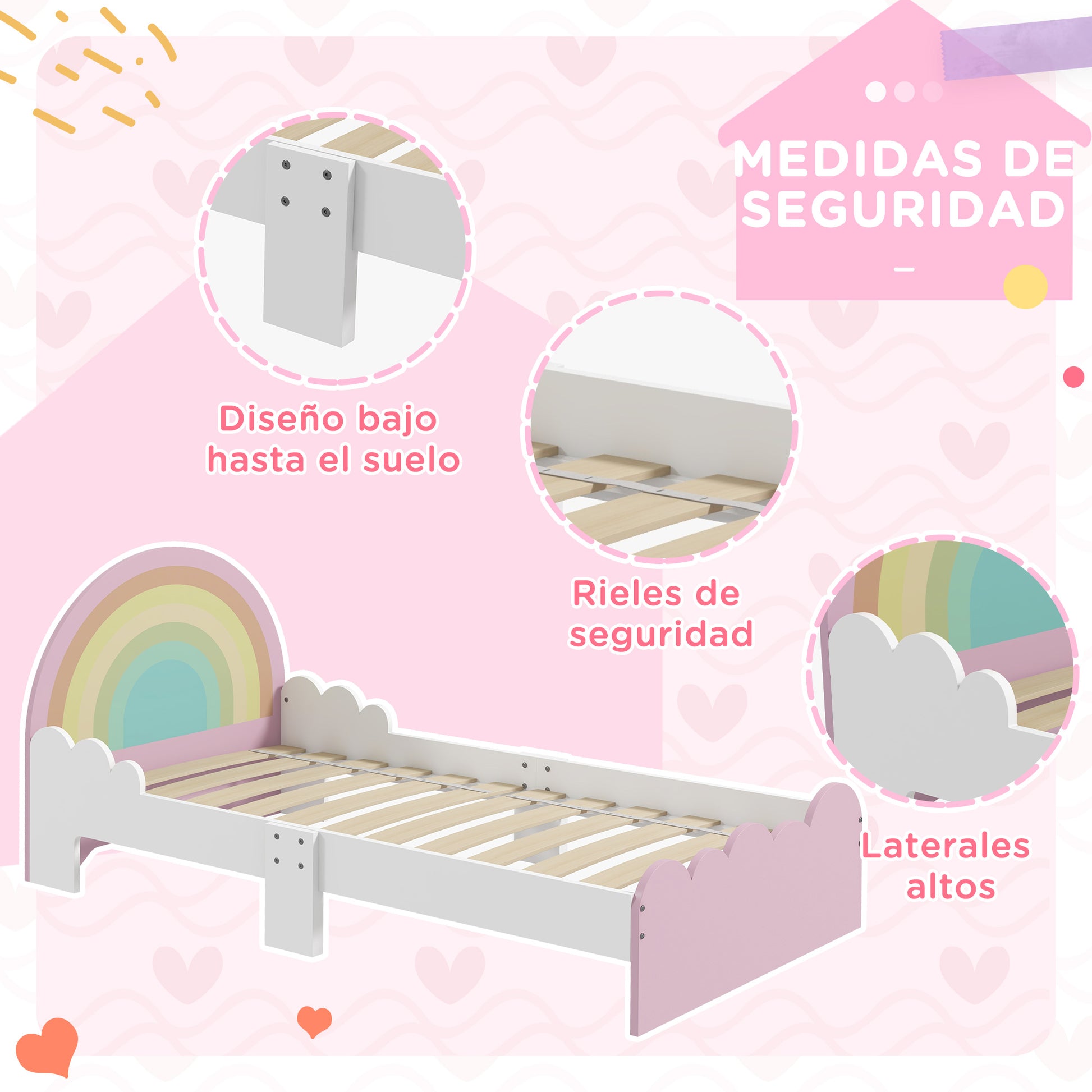 ZONEKIZ Children's Bed for 3-6 Years Old 143x74x66 cm Rainbow Shaped Wooden Children's Bed Modern Bedroom Furniture Load 80 kg Pink