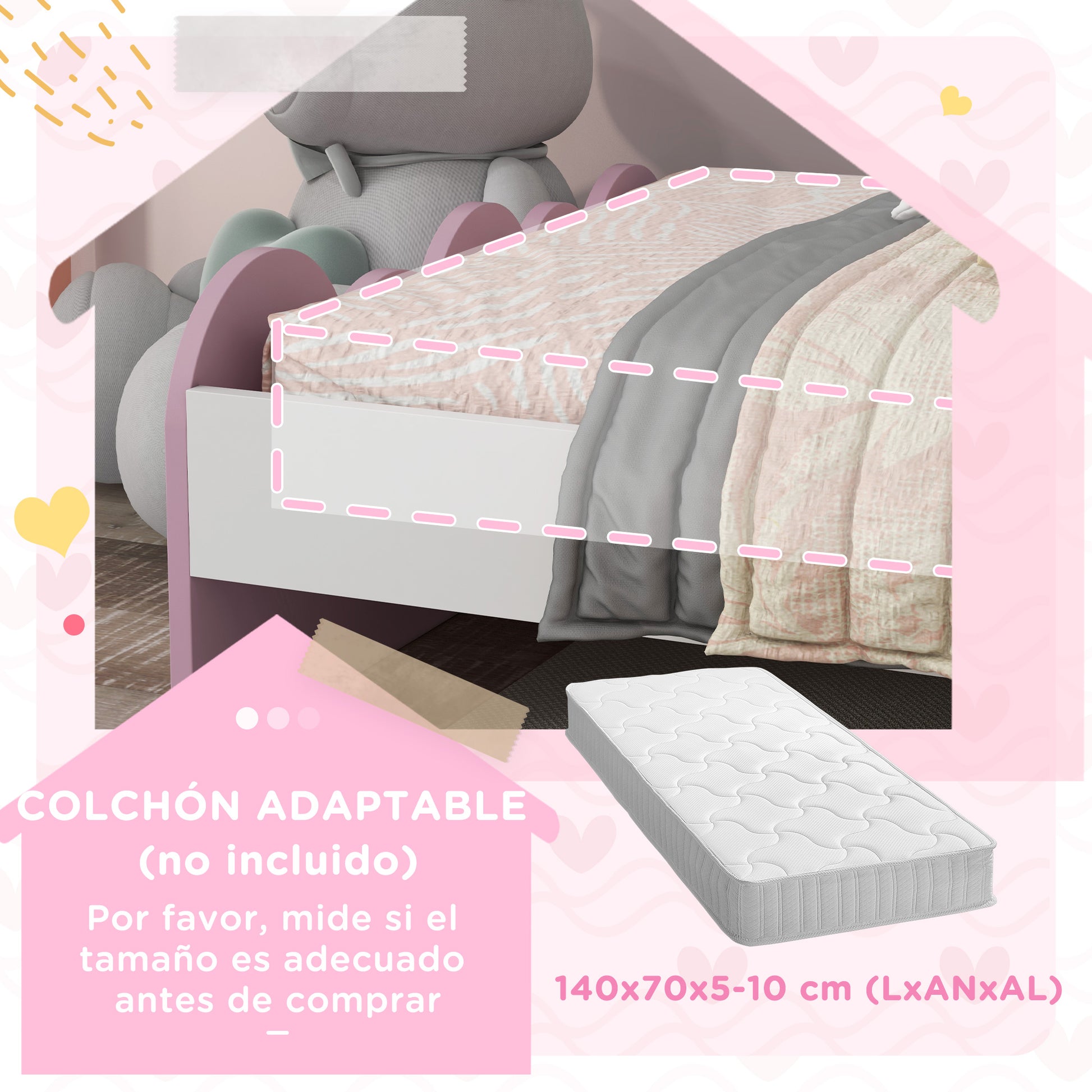 ZONEKIZ Children's Bed for 3-6 Years Old 143x74x66 cm Rainbow Shaped Wooden Children's Bed Modern Bedroom Furniture Load 80 kg Pink