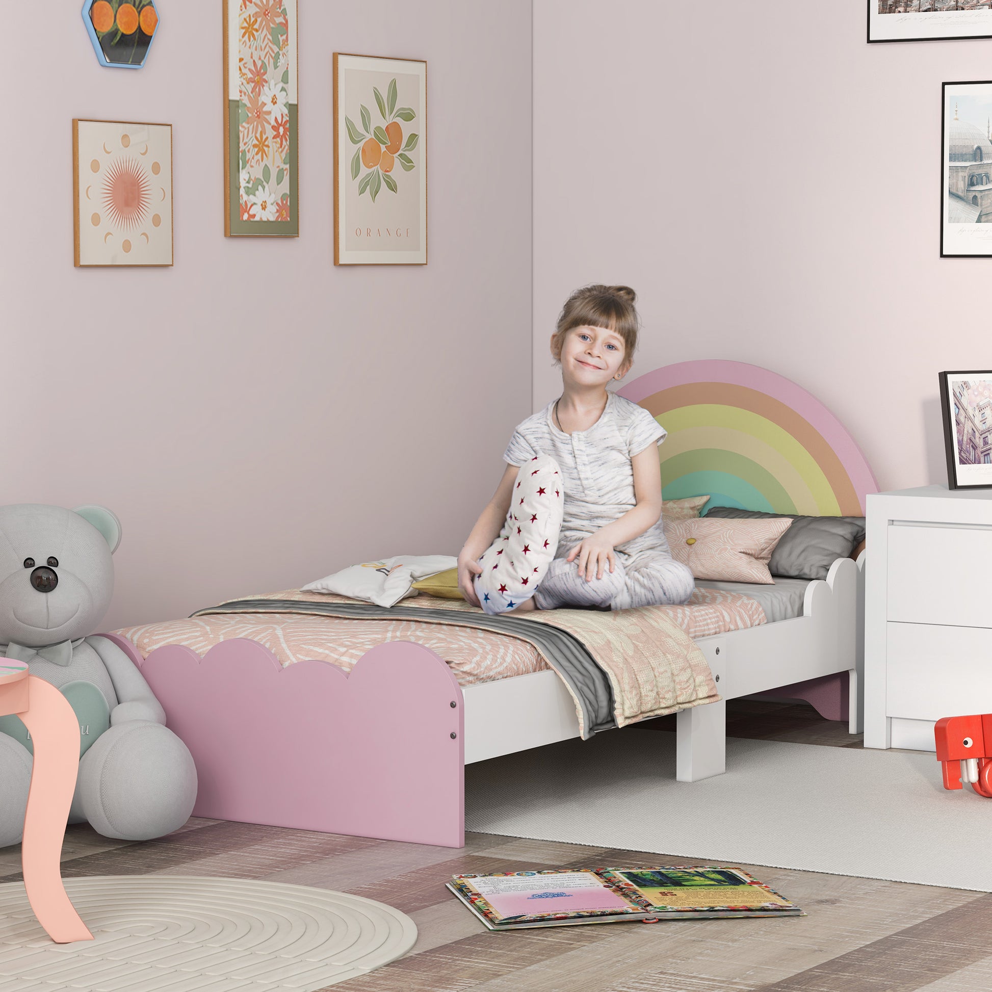 ZONEKIZ Children's Bed for 3-6 Years Old 143x74x66 cm Rainbow Shaped Wooden Children's Bed Modern Bedroom Furniture Load 80 kg Pink