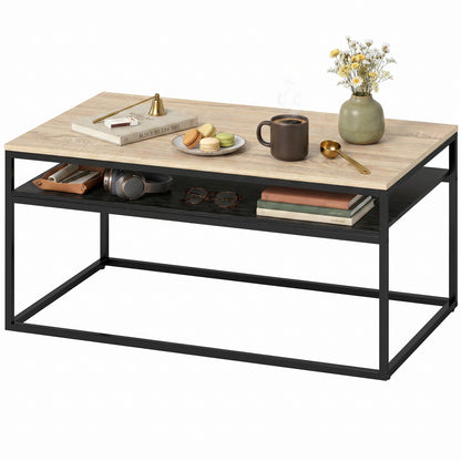 Coffee Table with Shelf, Modern Industrial Side Table for Living Room or Bedroom, 39.4 x 23.6 x 18.5 in (100 x 59.8 x 47 cm), Oak