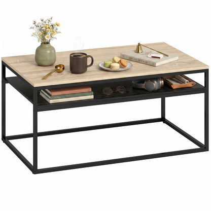 Coffee Table with Shelf, Modern Industrial Side Table for Living Room or Bedroom, 39.4 x 23.6 x 18.5 in (100 x 59.8 x 47 cm), Oak