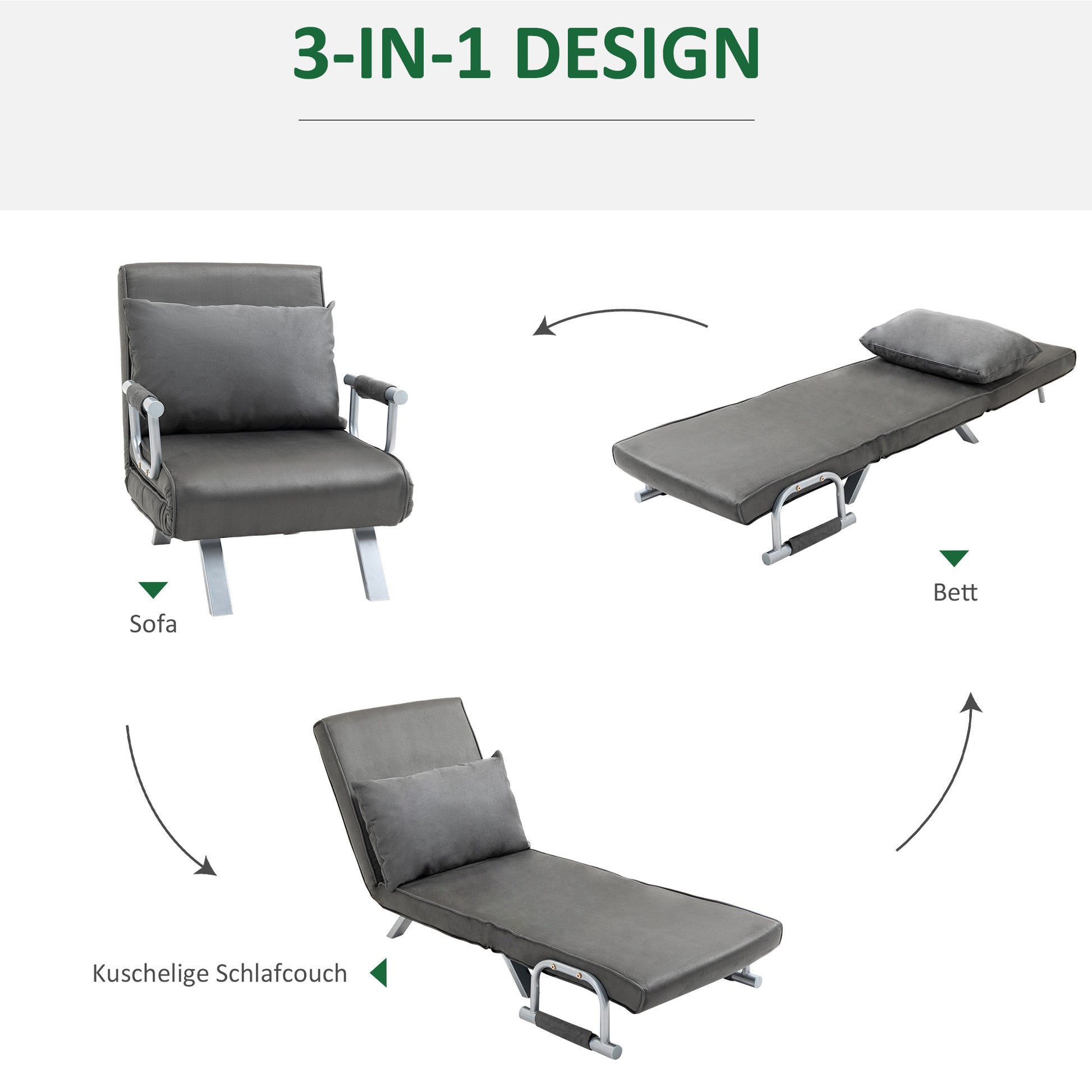 Sofa Bed, Sleeper Sofa with Adjustable Backrest, Throw Pillow, Sofa Bed with Velvet Look, Armrest, Guest Bed, Recliner Chair for Living Room, Bedroom, Gray