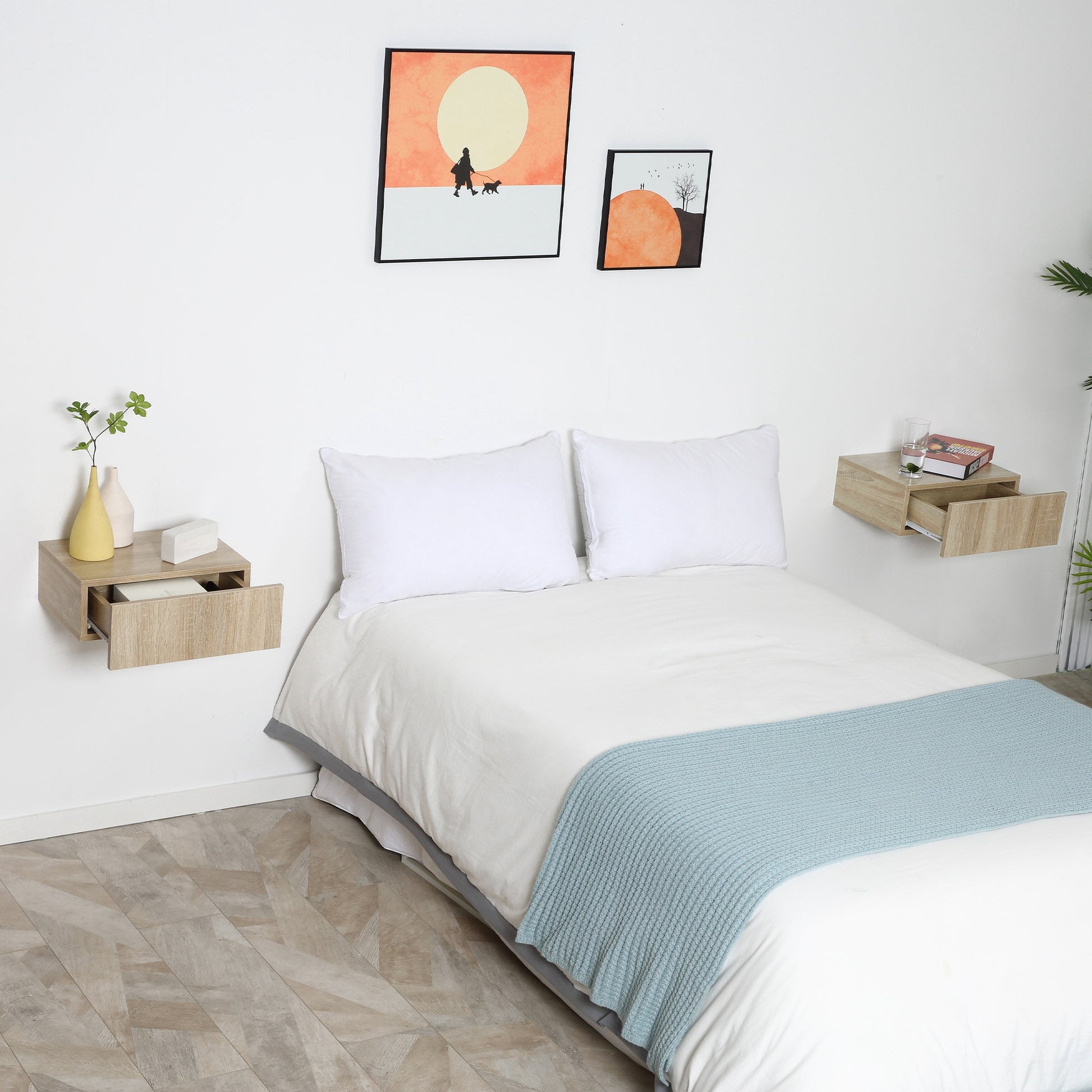 Set of 2 Floating Bedside Tables with 1 Drawer Wall Mounted Design Modern Style for Bedroom 40x30x15 cm Natural