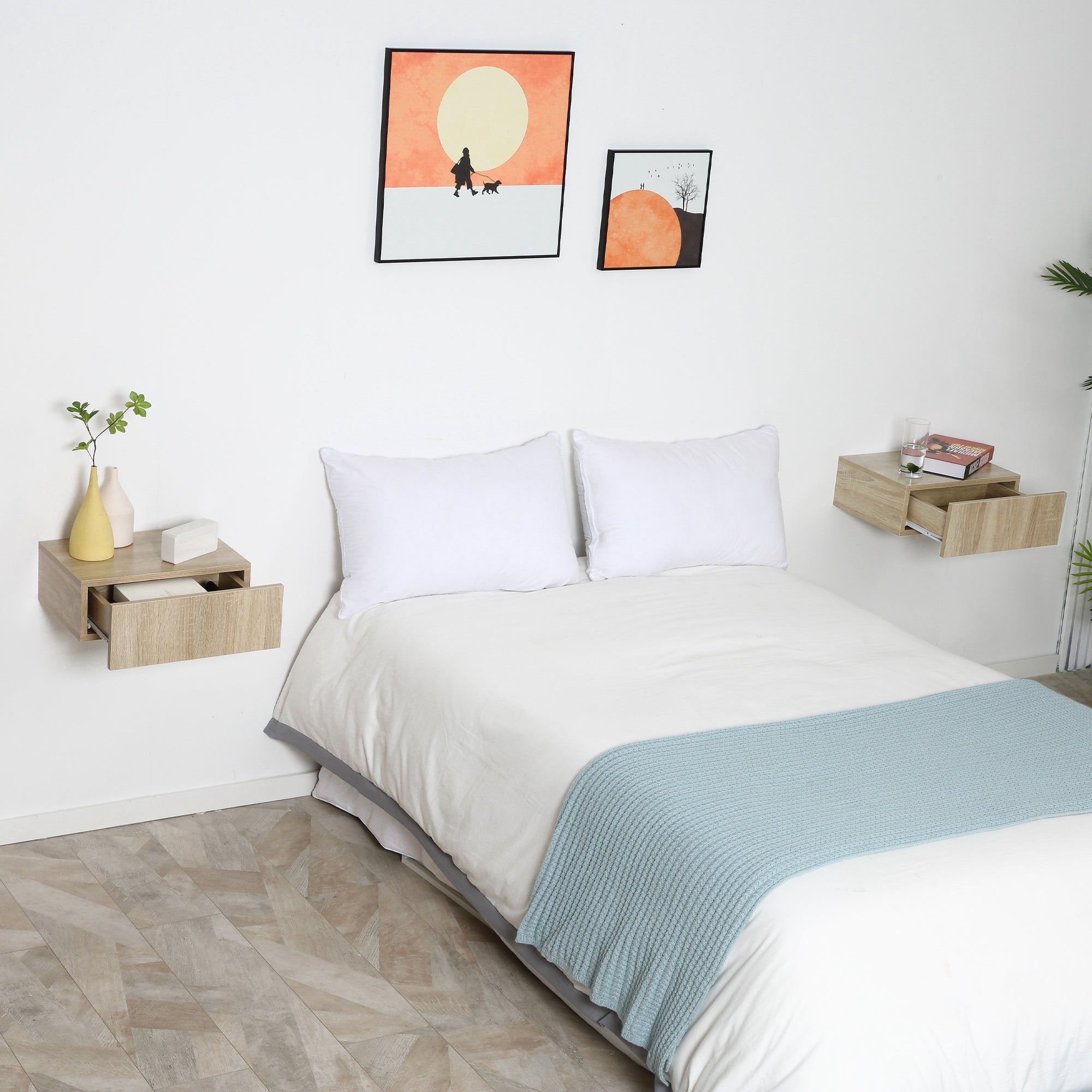 Set of 2 Floating Bedside Tables with 1 Drawer Wall Mounted Design Modern Style for Bedroom 40x30x15 cm Natural