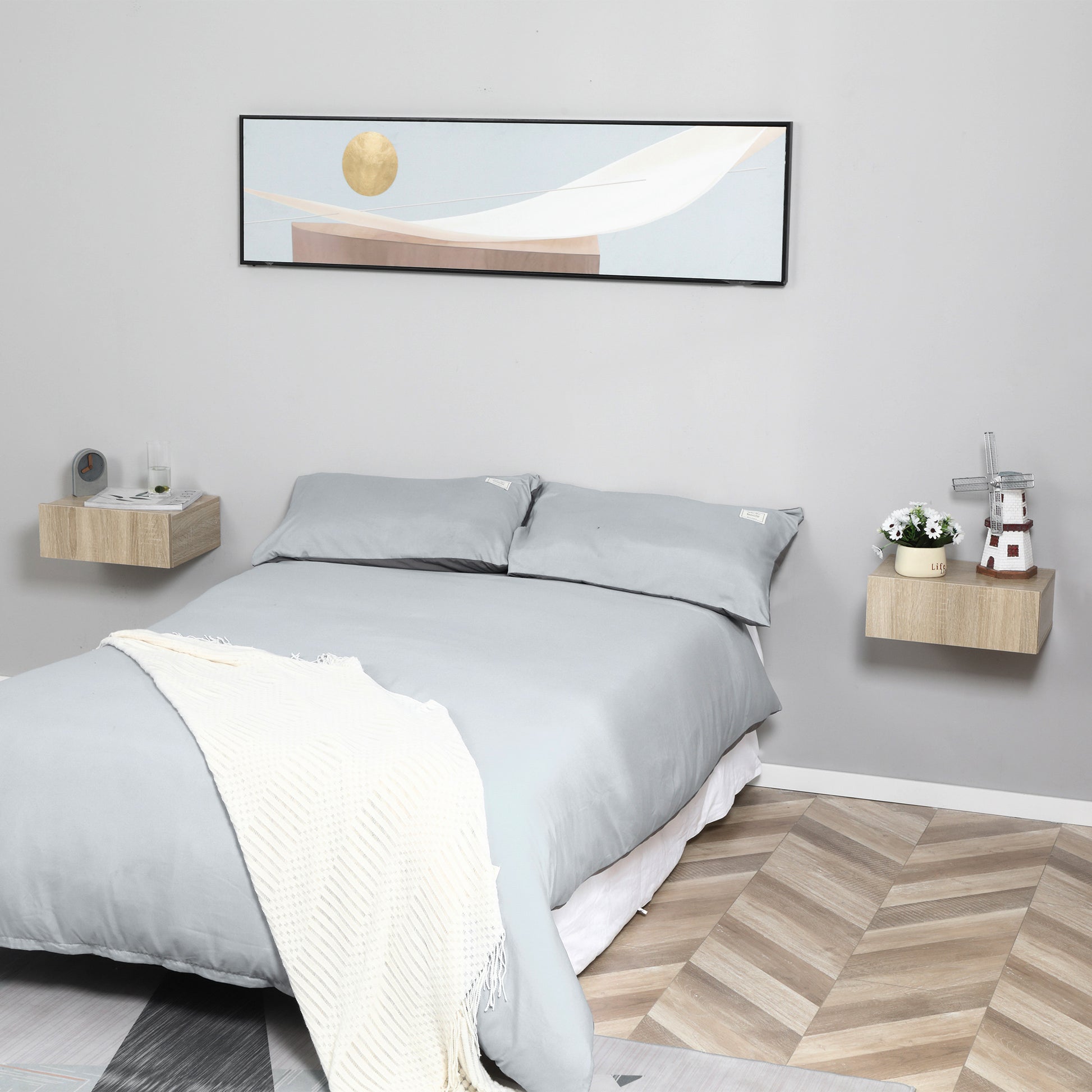 Set of 2 Floating Bedside Tables with 1 Drawer Wall Mounted Design Modern Style for Bedroom 40x30x15 cm Natural