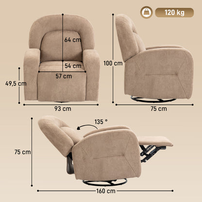 Cloud-Plush Recliner Chair — 360° Swivel, Rock & 135° Recline, Wide Seat, Khaki