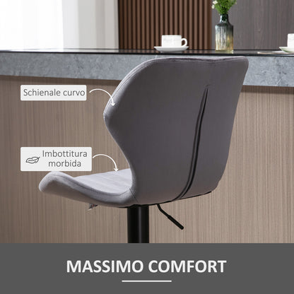 Set of 2 Height-Adjustable Bar Stools with Ergonomic Seat and Footrest, High Stools in Velvet Effect and Metal, 47x51.5x92-114 cm, Gray