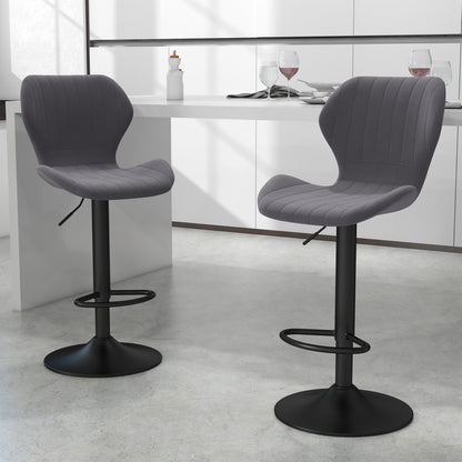Set of 2 Height-Adjustable Bar Stools with Ergonomic Seat and Footrest, High Stools in Velvet Effect and Metal, 47x51.5x92-114 cm, Gray