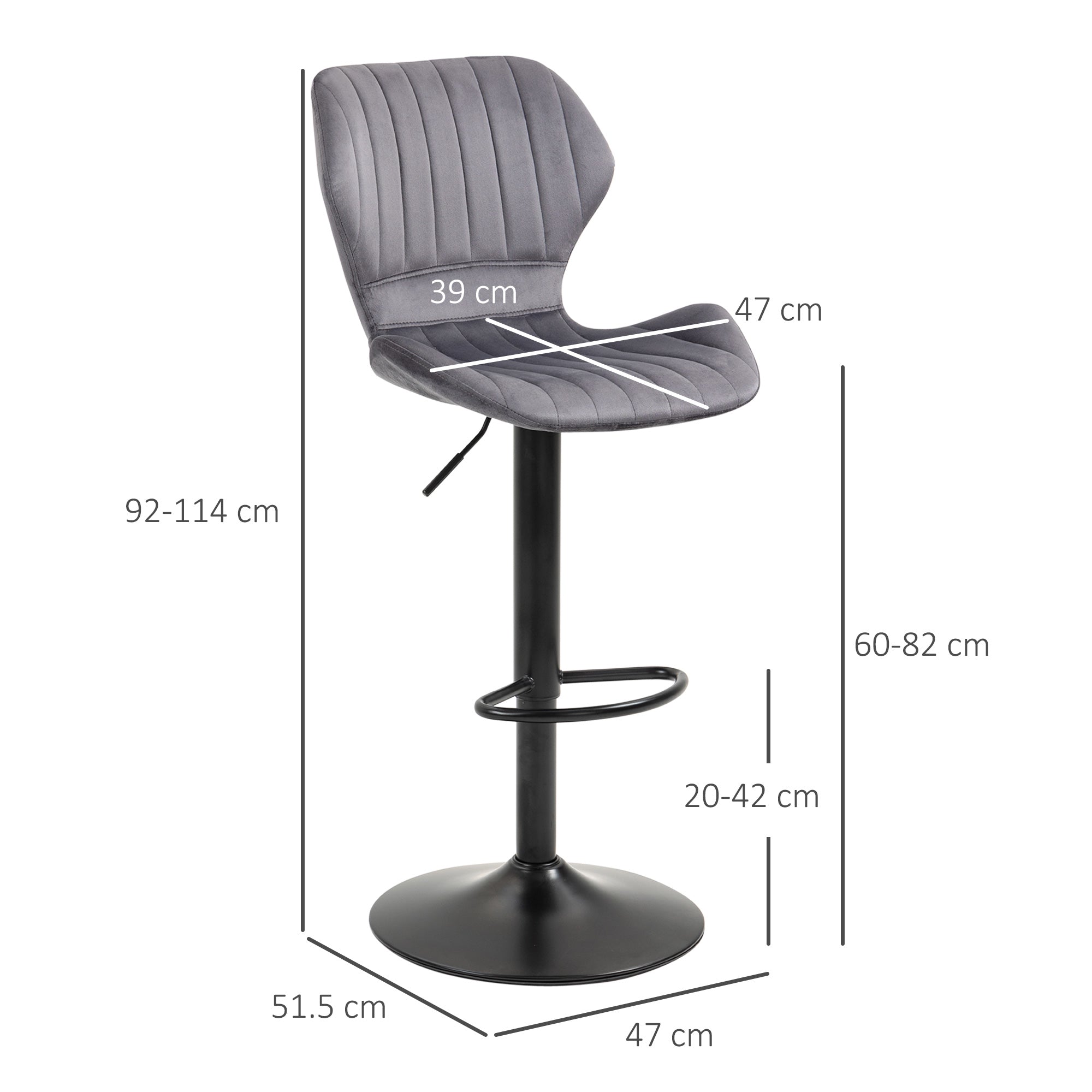 Set of 2 Height-Adjustable Bar Stools with Ergonomic Seat and Footrest, High Stools in Velvet Effect and Metal, 47x51.5x92-114 cm, Gray