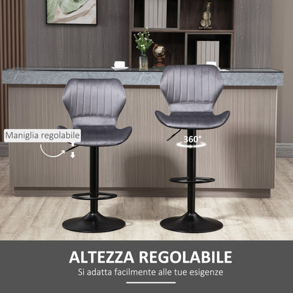 Set of 2 Height-Adjustable Bar Stools with Ergonomic Seat and Footrest, High Stools in Velvet Effect and Metal, 47x51.5x92-114 cm, Gray