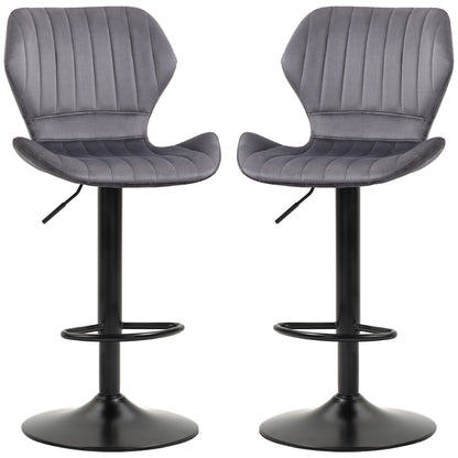 Set of 2 Height-Adjustable Bar Stools with Ergonomic Seat and Footrest, High Stools in Velvet Effect and Metal, 47x51.5x92-114 cm, Gray