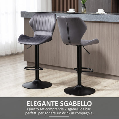 Set of 2 Height-Adjustable Bar Stools with Ergonomic Seat and Footrest, High Stools in Velvet Effect and Metal, 47x51.5x92-114 cm, Gray