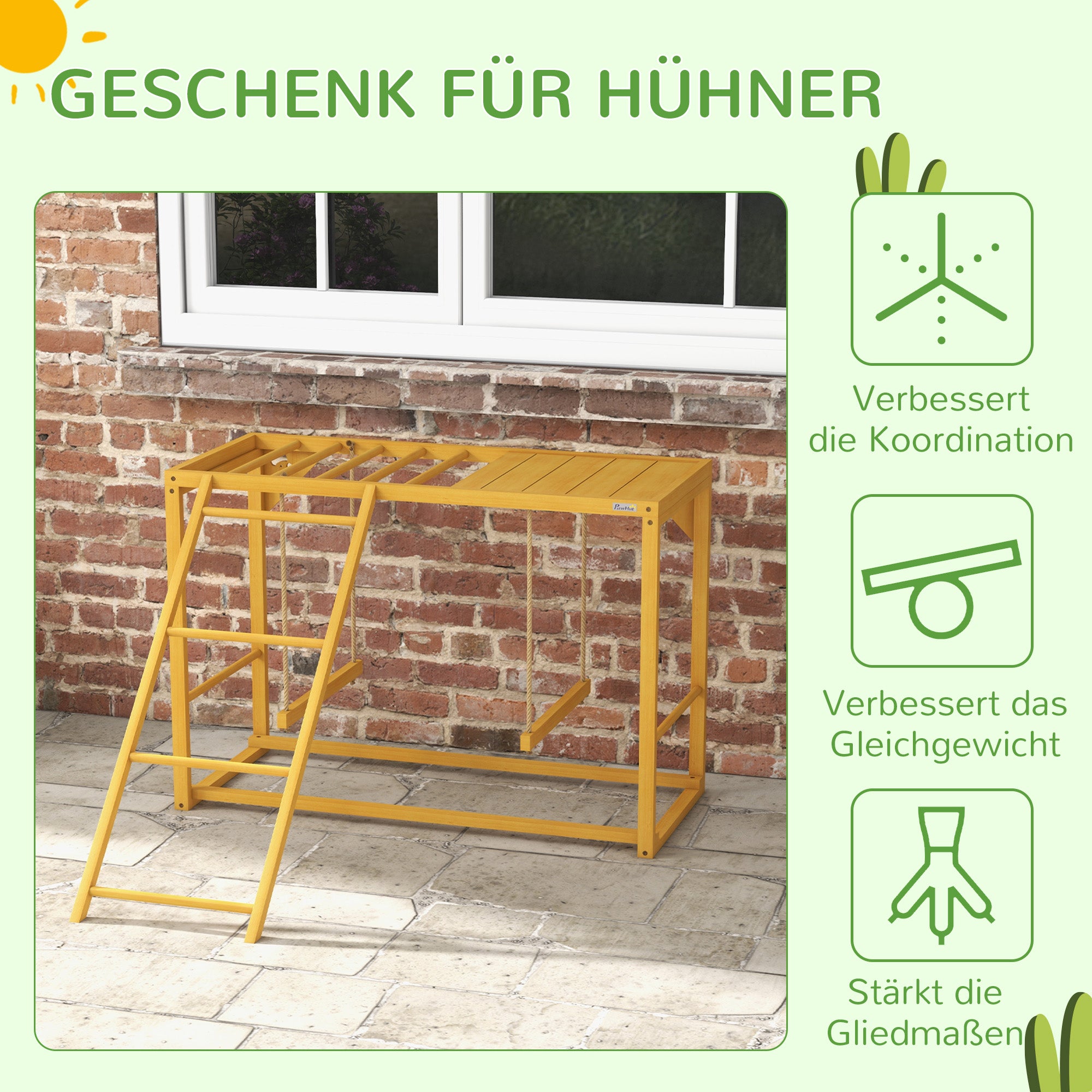 Chicken Playset Made of Wood, Playground with Swings Ladder Platform Perch Climbing Frame for 3-4 Chickens Natural Wood