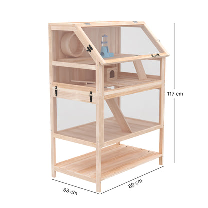 3-Level Wooden Hamster Cage, 31.5 x 20.9 x 46.1 in (80 x 53 x 117 cm) — Small Animal Cage with Removable Base, Storage Shelf, Silent Wheel, Ramps, Water Bottle & House — Natural Wood