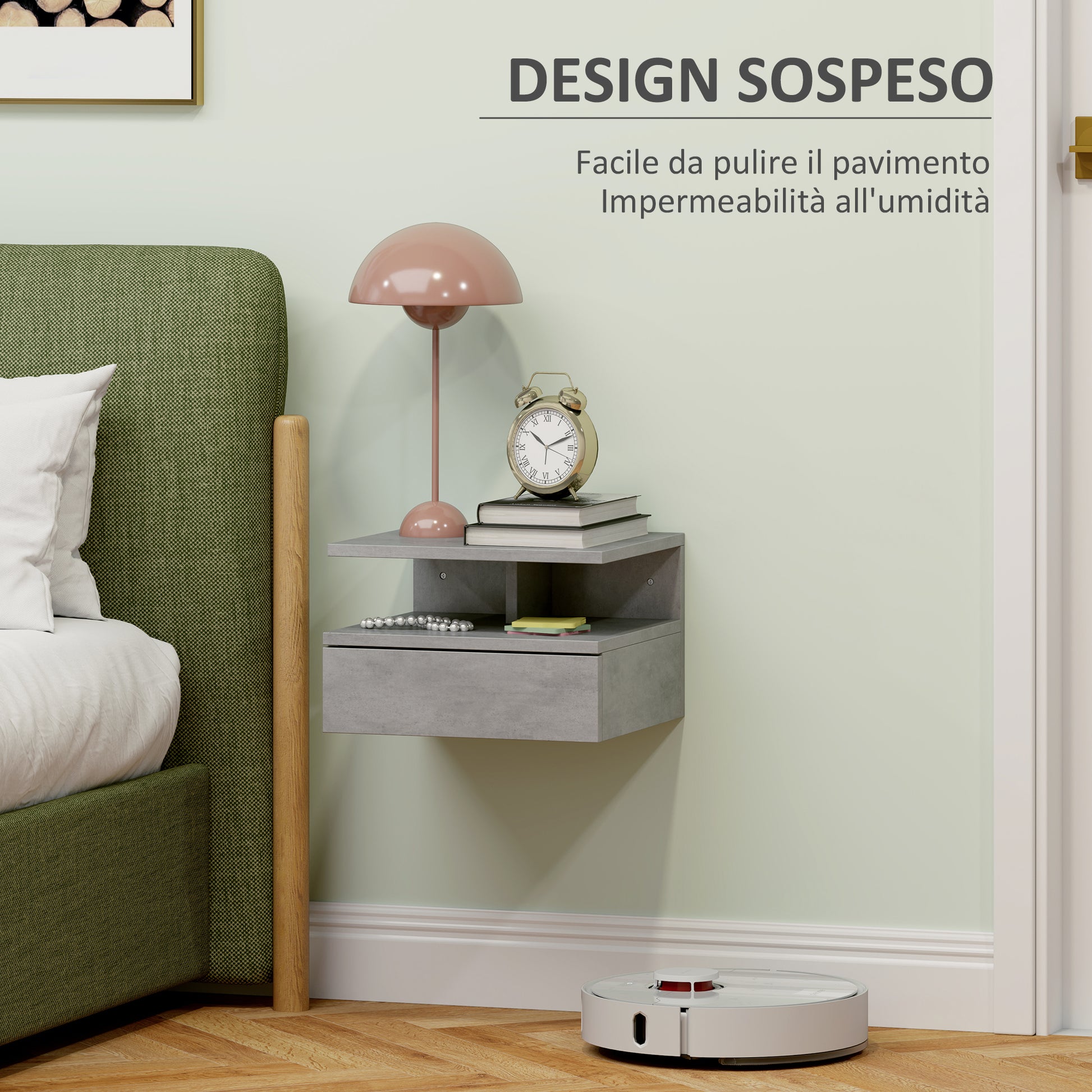 Set of 2 Modern Hanging Bedside Tables for Bedroom, Bedside Tables with Drawer and Top Shelf in Wood, 35x32x22.5cm, Gray