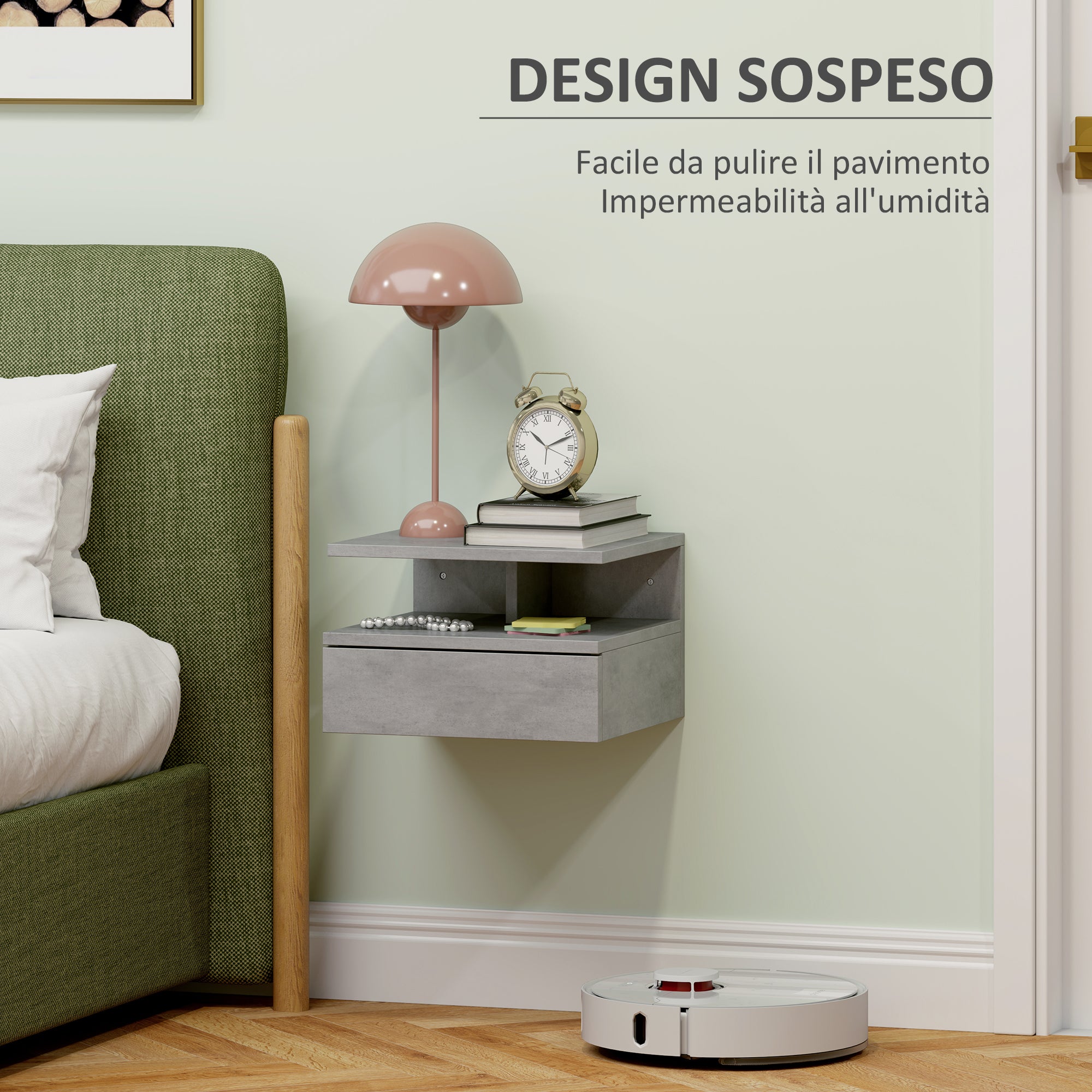 Set of 2 Modern Hanging Bedside Tables for Bedroom, Bedside Tables with Drawer and Top Shelf in Wood, 35x32x22.5cm, Gray