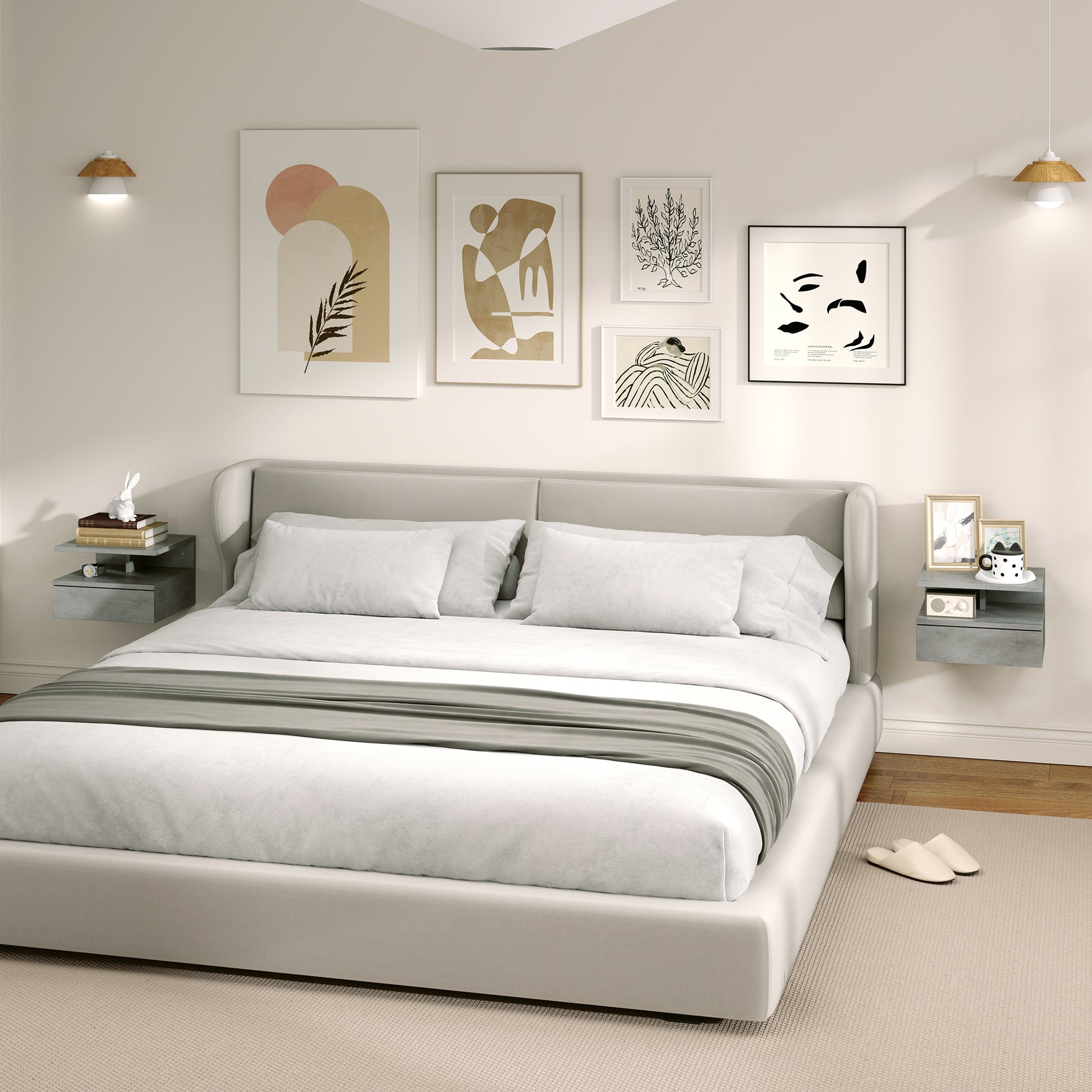 Set of 2 Modern Hanging Bedside Tables for Bedroom, Bedside Tables with Drawer and Top Shelf in Wood, 35x32x22.5cm, Gray