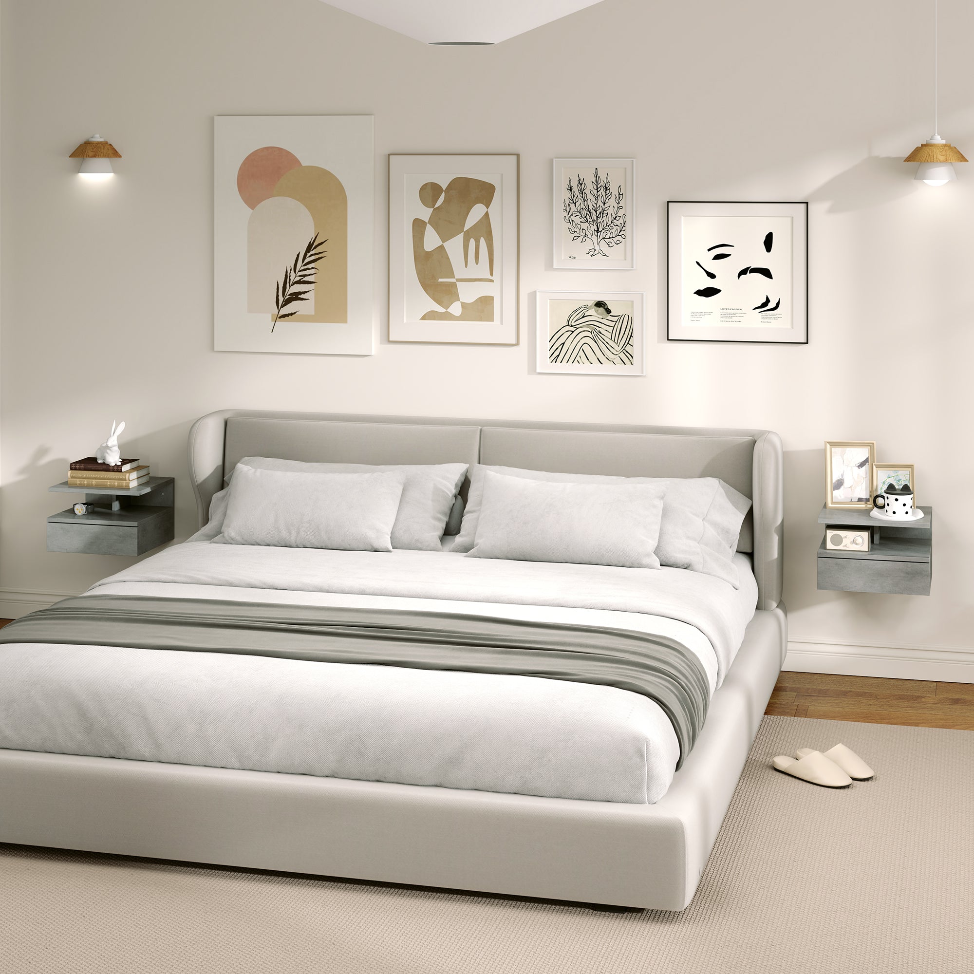 Set of 2 Modern Hanging Bedside Tables for Bedroom, Bedside Tables with Drawer and Top Shelf in Wood, 35x32x22.5cm, Gray