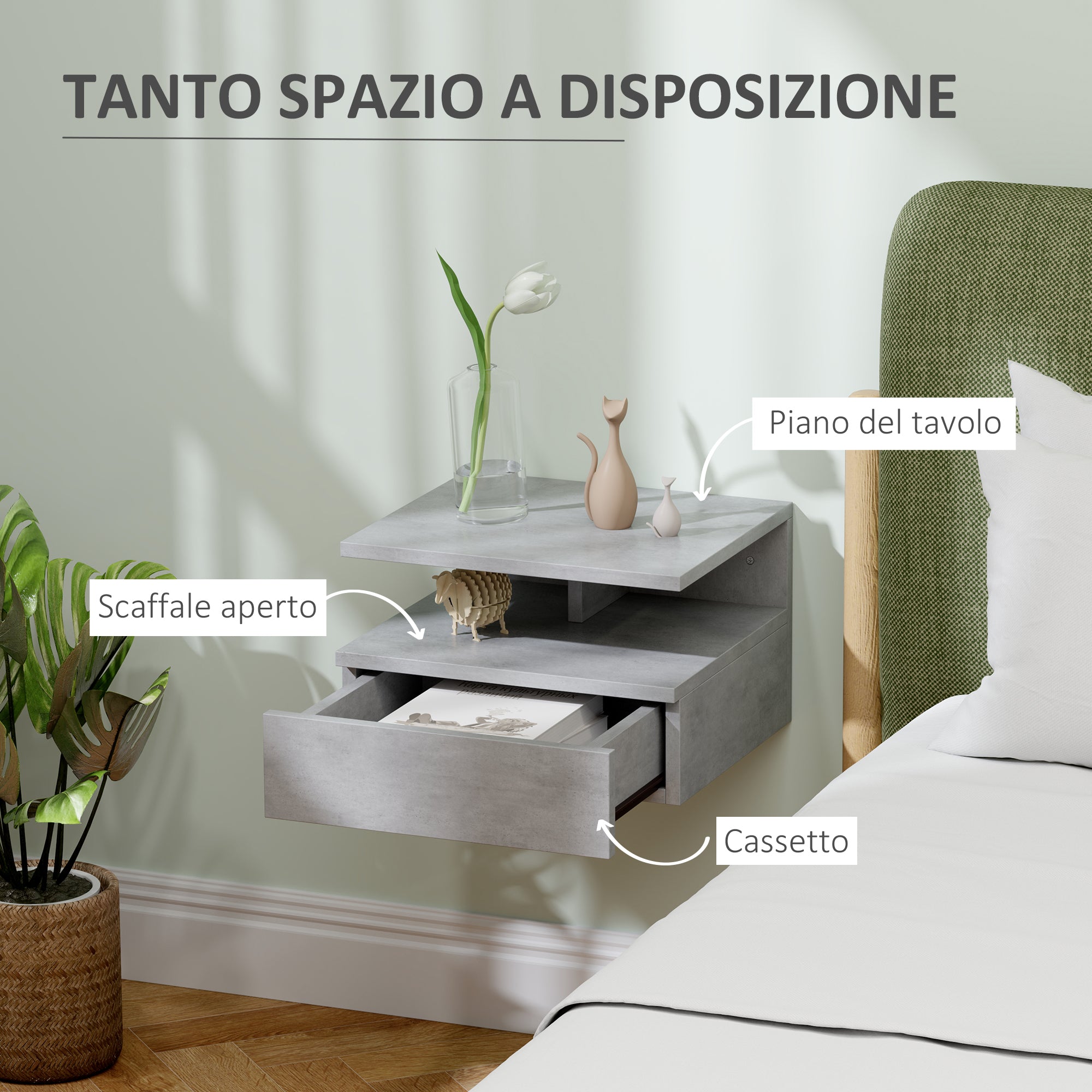 Set of 2 Modern Hanging Bedside Tables for Bedroom, Bedside Tables with Drawer and Top Shelf in Wood, 35x32x22.5cm, Gray