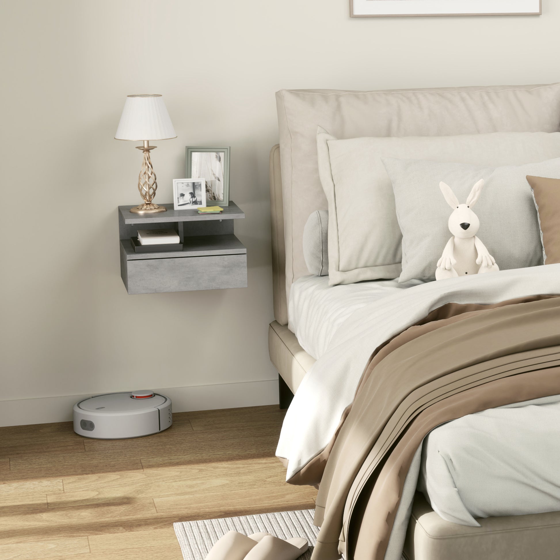 Set of 2 Modern Hanging Bedside Tables for Bedroom, Bedside Tables with Drawer and Top Shelf in Wood, 35x32x22.5cm, Gray