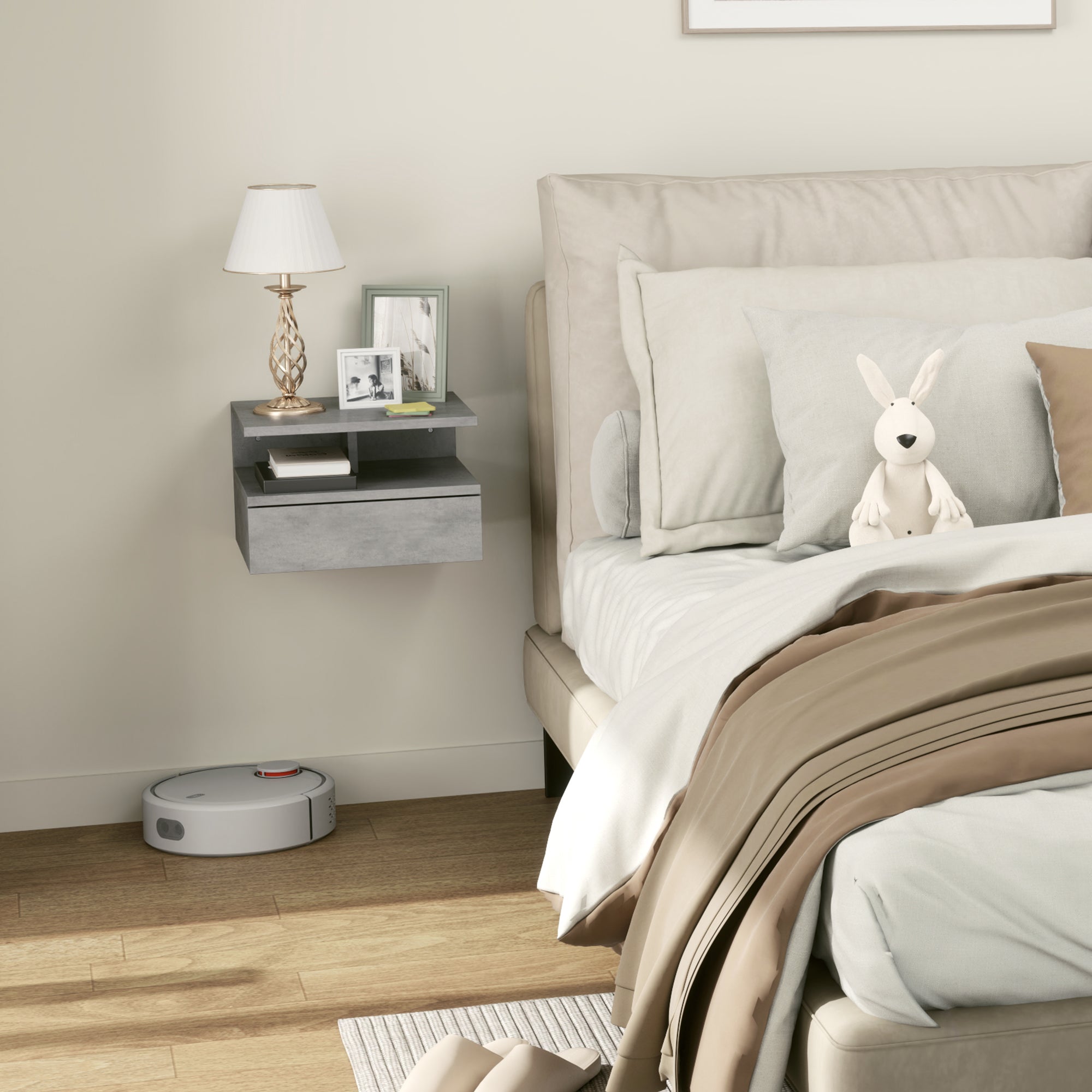 Set of 2 Modern Hanging Bedside Tables for Bedroom, Bedside Tables with Drawer and Top Shelf in Wood, 35x32x22.5cm, Gray