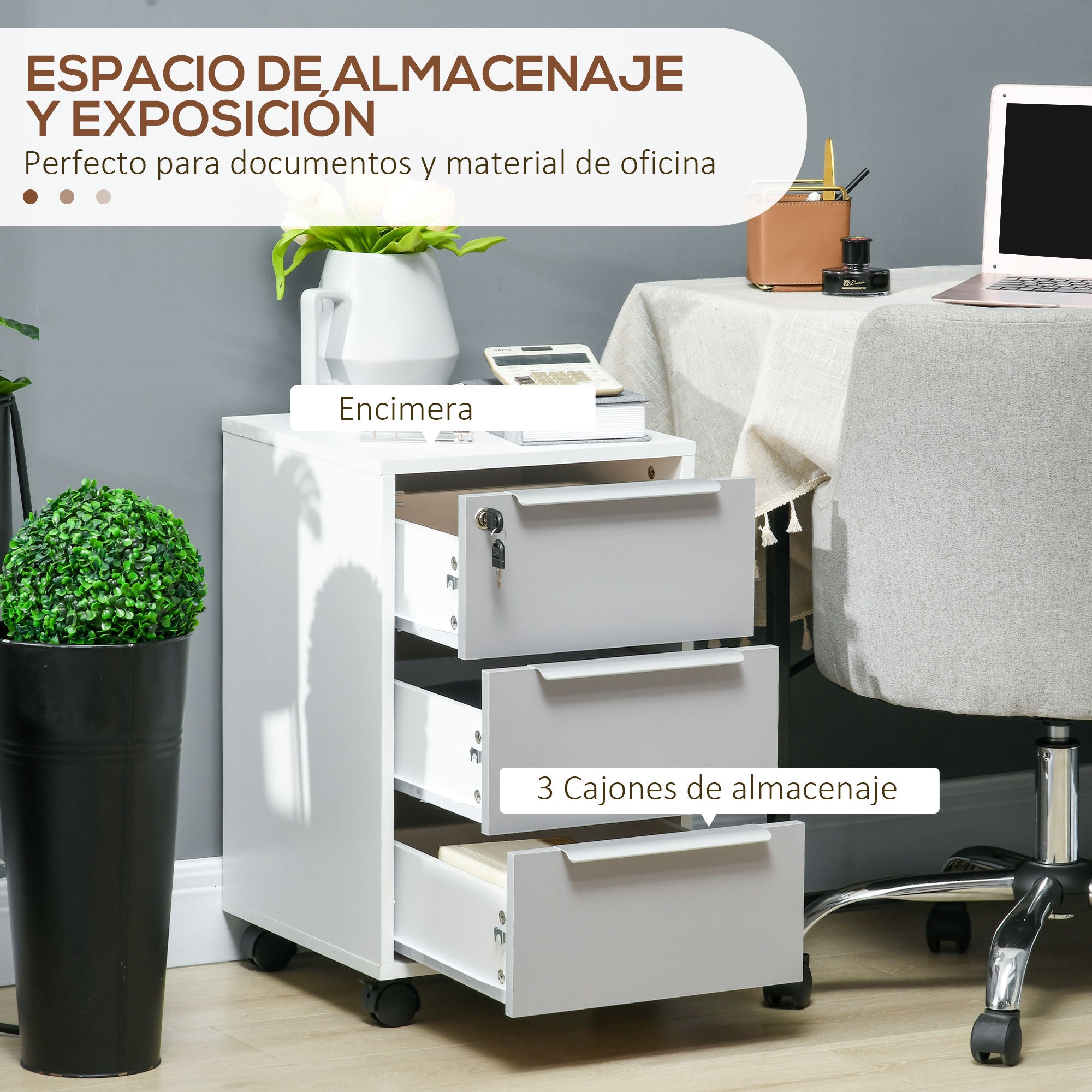 Desk Drawer Unit with 3 Drawers Home Office Filing Cabinet with Wheels Lock and 2 Keys Mobile File Cabinet for Study Living Room 40x40x63.5 cm White and Gray