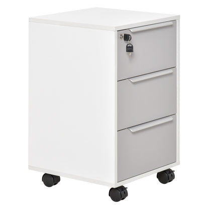 Desk Drawer Unit with 3 Drawers Home Office Filing Cabinet with Wheels Lock and 2 Keys Mobile File Cabinet for Study Living Room 40x40x63.5 cm White and Gray