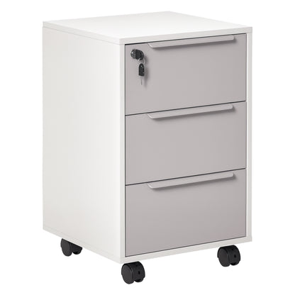 Desk Drawer Unit with 3 Drawers Home Office Filing Cabinet with Wheels Lock and 2 Keys Mobile File Cabinet for Study Living Room 40x40x63.5 cm White and Gray
