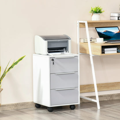 Desk Drawer Unit with 3 Drawers Home Office Filing Cabinet with Wheels Lock and 2 Keys Mobile File Cabinet for Study Living Room 40x40x63.5 cm White and Gray