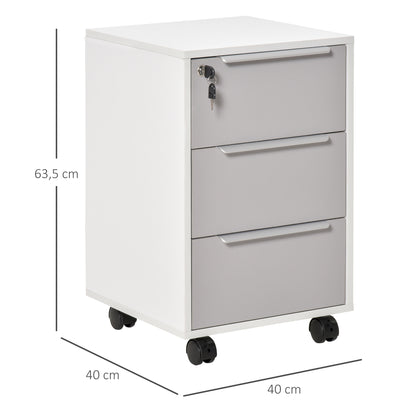 Desk Drawer Unit with 3 Drawers Home Office Filing Cabinet with Wheels Lock and 2 Keys Mobile File Cabinet for Study Living Room 40x40x63.5 cm White and Gray