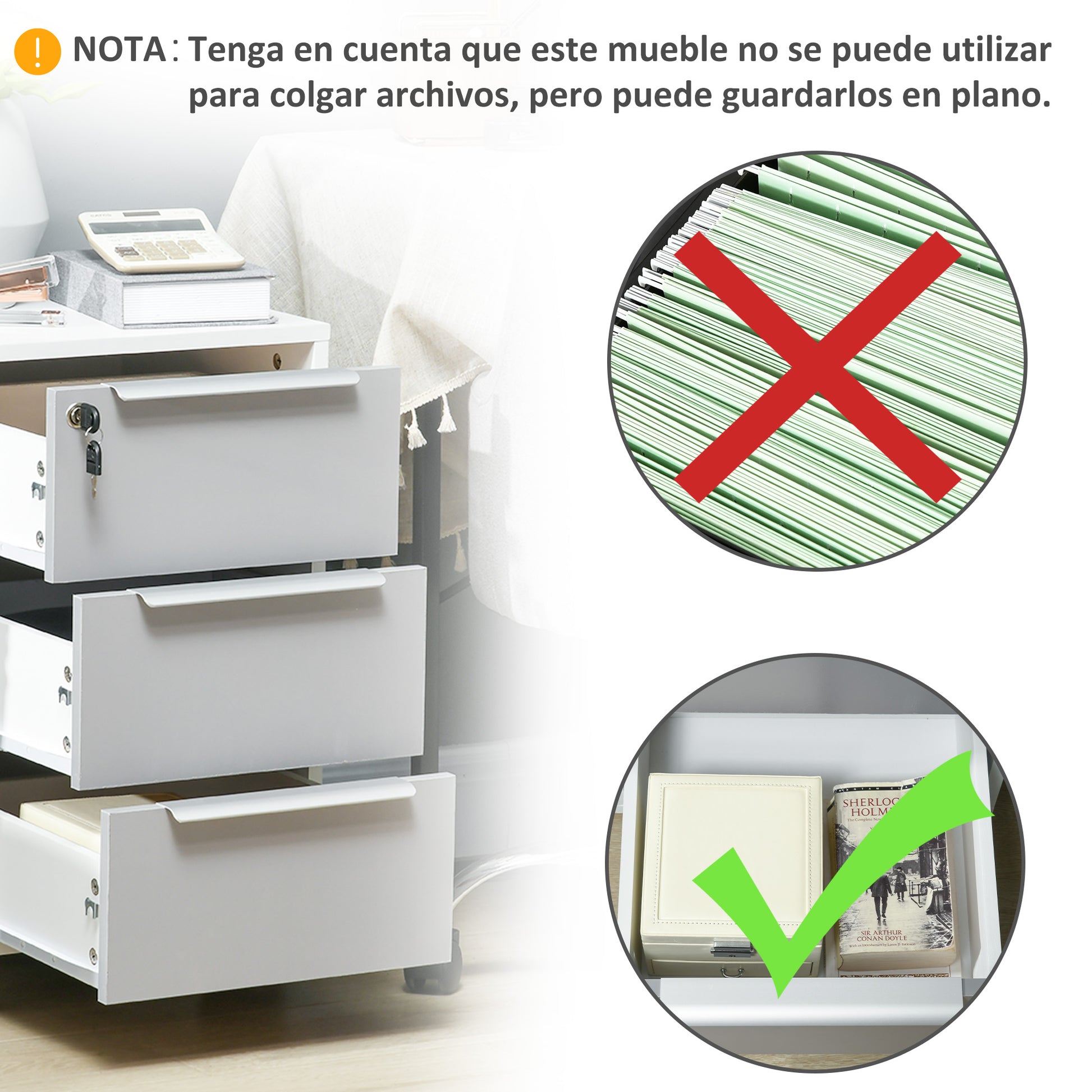Desk Drawer Unit with 3 Drawers Home Office Filing Cabinet with Wheels Lock and 2 Keys Mobile File Cabinet for Study Living Room 40x40x63.5 cm White and Gray