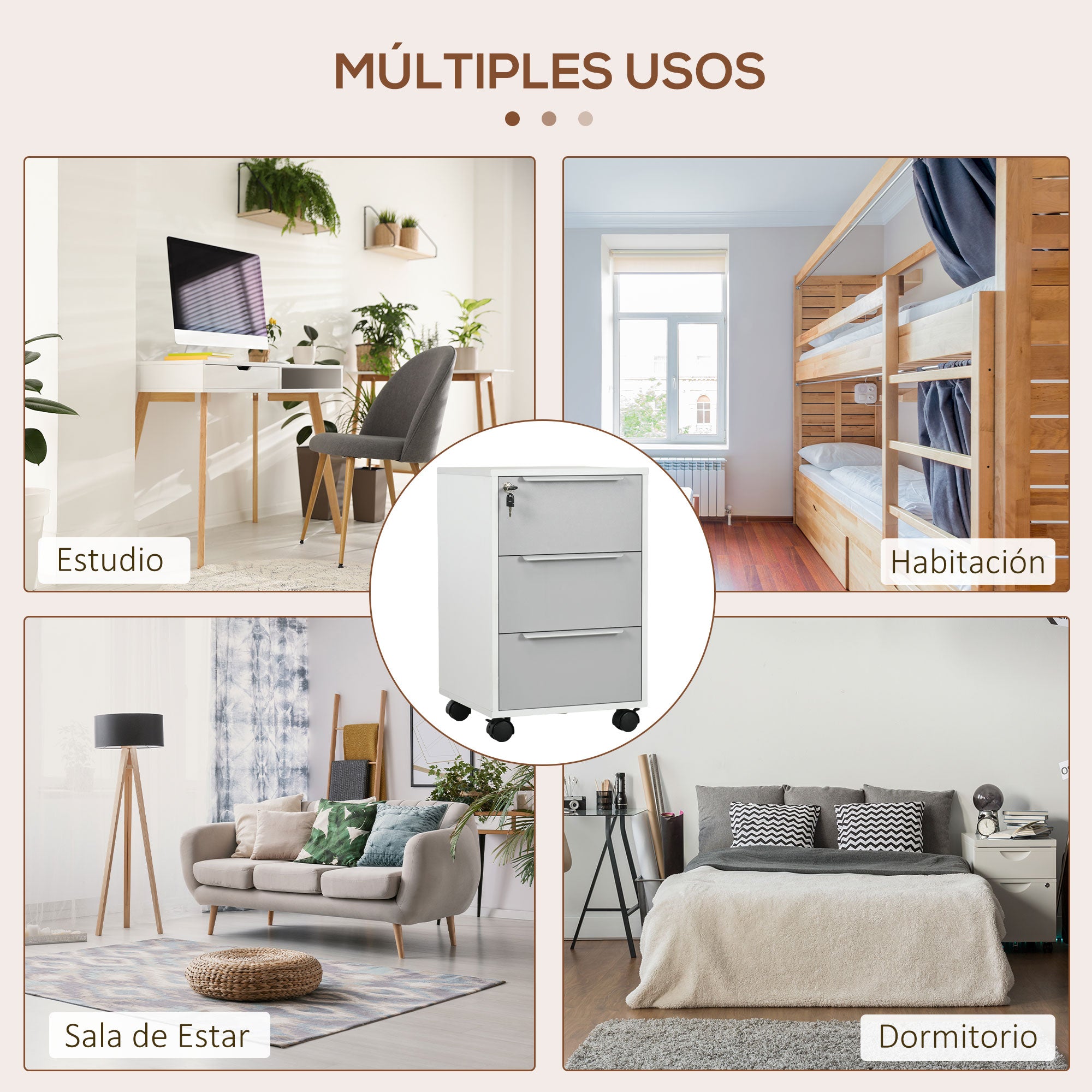 Desk Drawer Unit with 3 Drawers Home Office Filing Cabinet with Wheels Lock and 2 Keys Mobile File Cabinet for Study Living Room 40x40x63.5 cm White and Gray