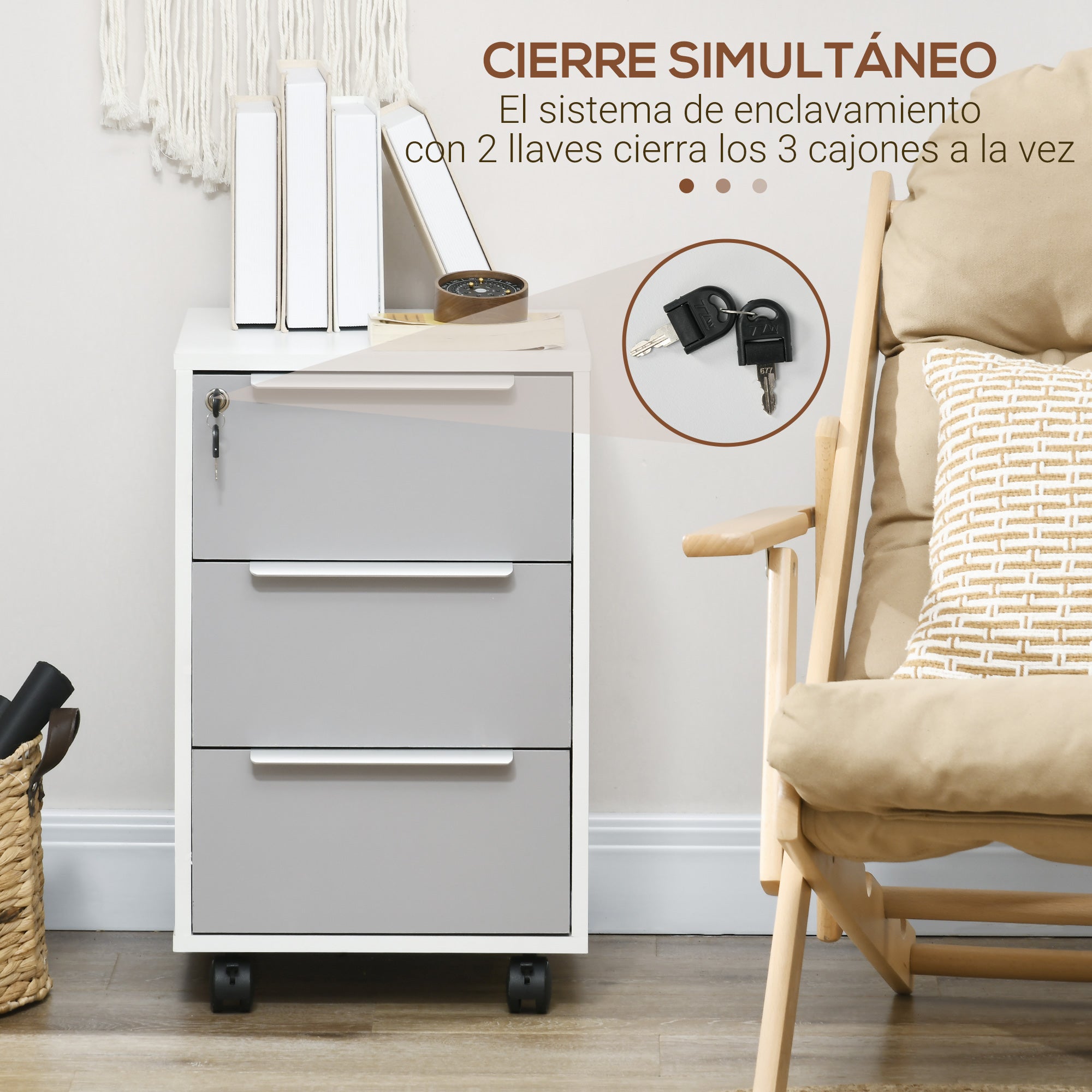 Desk Drawer Unit with 3 Drawers Home Office Filing Cabinet with Wheels Lock and 2 Keys Mobile File Cabinet for Study Living Room 40x40x63.5 cm White and Gray