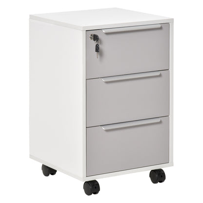 Desk Drawer Unit with 3 Drawers Home Office Filing Cabinet with Wheels Lock and 2 Keys Mobile File Cabinet for Study Living Room 40x40x63.5 cm White and Gray