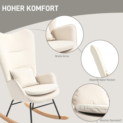 Rocking Chair Swivel Armchair with Cushion, High Back Armchair with Velvet Look, Rocking Chair up to 120 kg Load Capacity for Bedroom, Living Room, Cream White