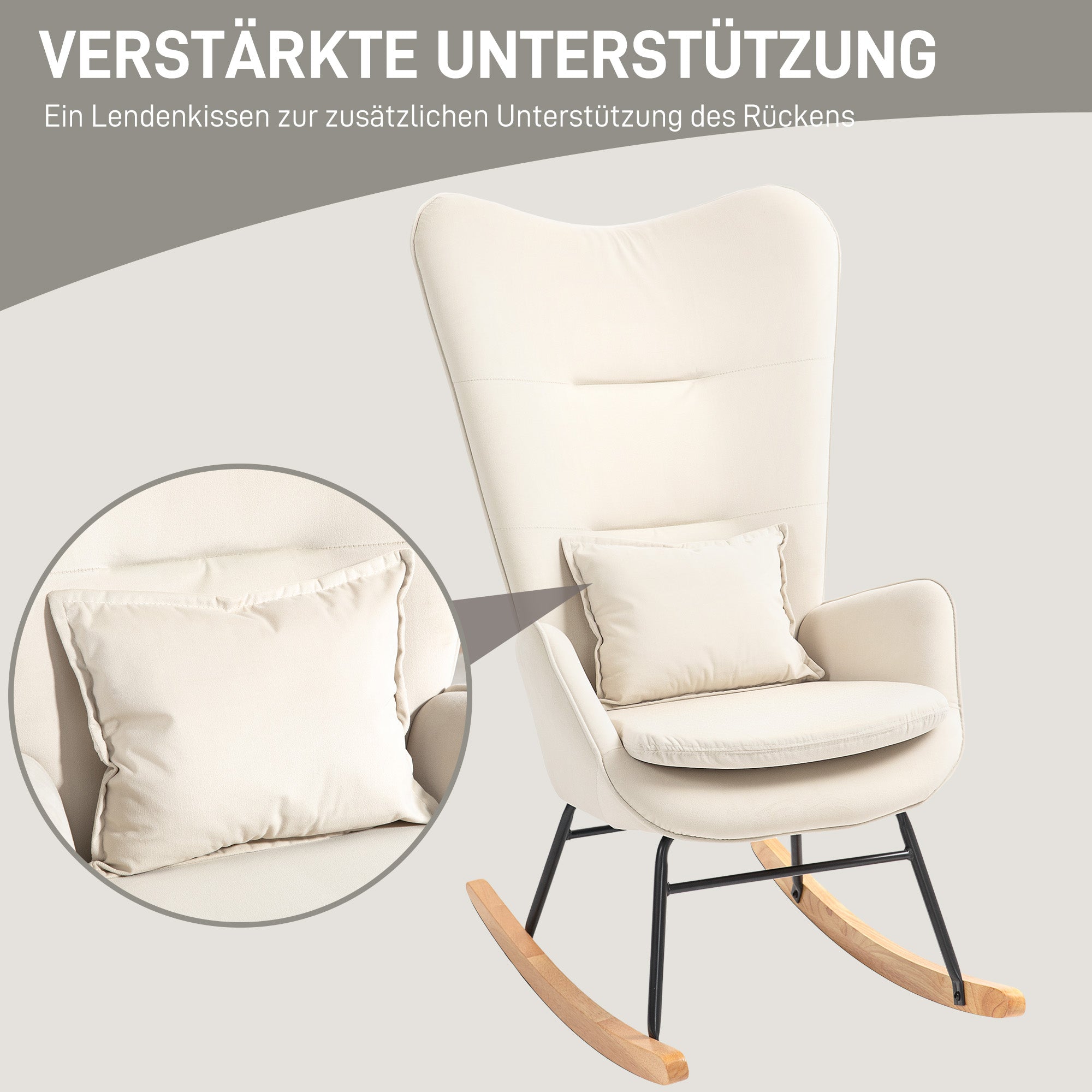 Rocking Chair Swivel Armchair with Cushion, High Back Armchair with Velvet Look, Rocking Chair up to 120 kg Load Capacity for Bedroom, Living Room, Cream White
