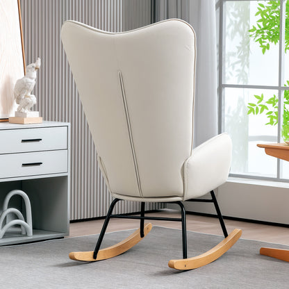 Rocking Chair Swivel Armchair with Cushion, High Back Armchair with Velvet Look, Rocking Chair up to 120 kg Load Capacity for Bedroom, Living Room, Cream White