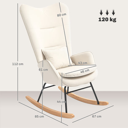 Rocking Chair Swivel Armchair with Cushion, High Back Armchair with Velvet Look, Rocking Chair up to 120 kg Load Capacity for Bedroom, Living Room, Cream White