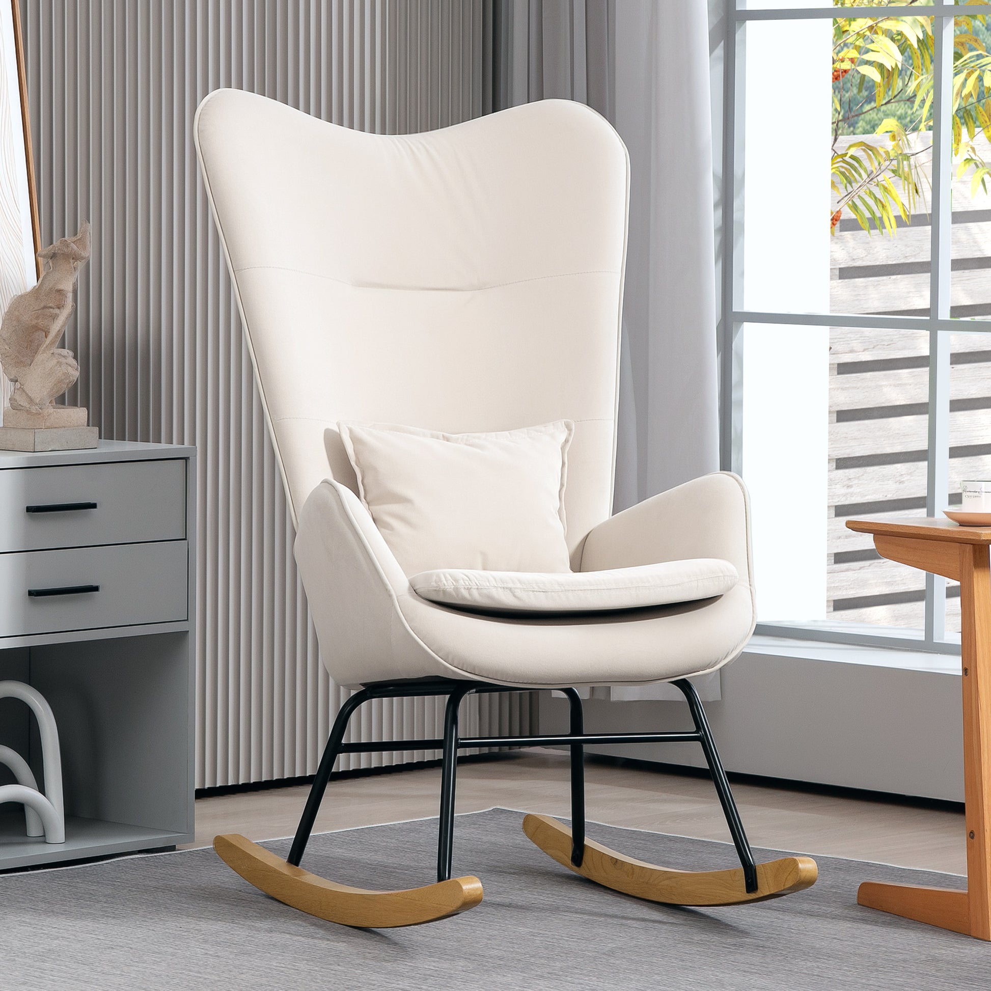 Rocking Chair Swivel Armchair with Cushion, High Back Armchair with Velvet Look, Rocking Chair up to 120 kg Load Capacity for Bedroom, Living Room, Cream White