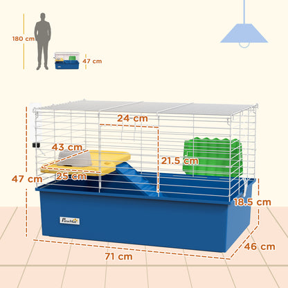 Ferret Cage with Bottom Tray Small Animal Cage with Platform with Ramp Feeder and Drinker Enclosure for Small Rabbits Chinchillas Guinea Pigs 71x46x47 cm White and Blue