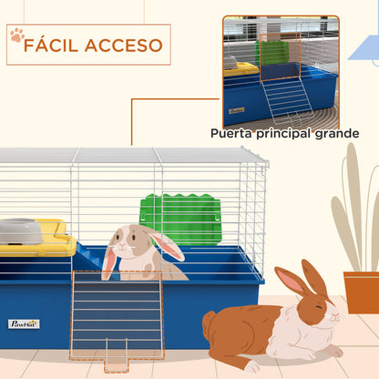Ferret Cage with Bottom Tray Small Animal Cage with Platform with Ramp Feeder and Drinker Enclosure for Small Rabbits Chinchillas Guinea Pigs 71x46x47 cm White and Blue