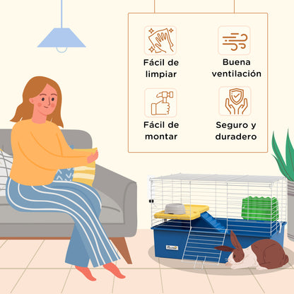 Ferret Cage with Bottom Tray Small Animal Cage with Platform with Ramp Feeder and Drinker Enclosure for Small Rabbits Chinchillas Guinea Pigs 71x46x47 cm White and Blue