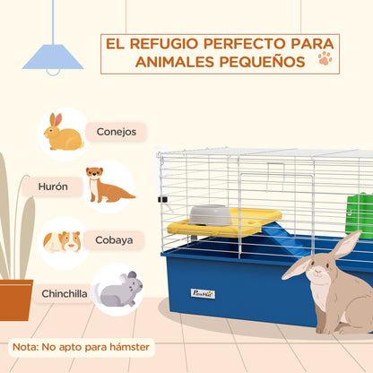 Ferret Cage with Bottom Tray Small Animal Cage with Platform with Ramp Feeder and Drinker Enclosure for Small Rabbits Chinchillas Guinea Pigs 71x46x47 cm White and Blue