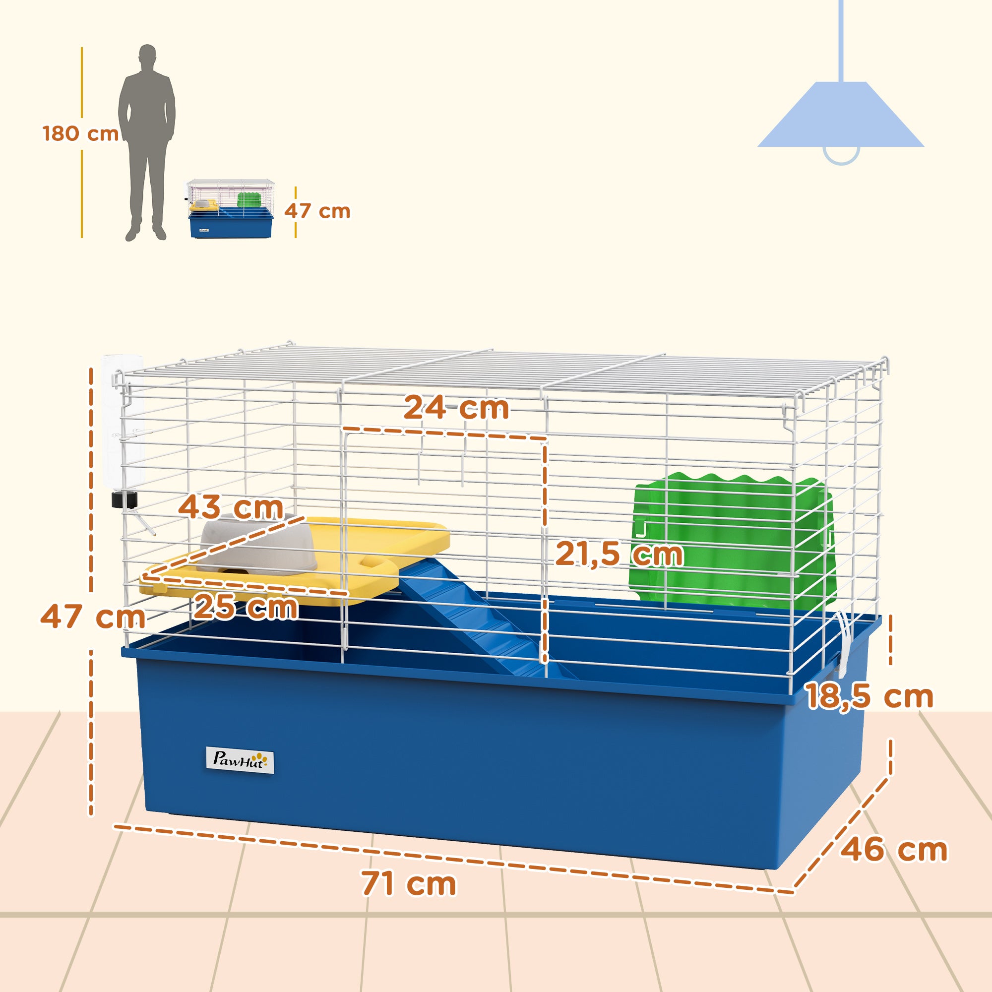 Ferret Cage with Bottom Tray Small Animal Cage with Platform with Ramp Feeder and Drinker Enclosure for Small Rabbits Chinchillas Guinea Pigs 71x46x47 cm White and Blue