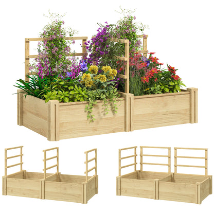 Raised Garden Bed with 3 Trellises, Open Bottom, and 2 Planters, Wooden Planter with Trellis for Climbing Plants, for Balcony, 119x62.5x64 cm, Wood Color