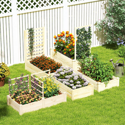 Raised Garden Bed with 3 Trellises, Open Bottom, and 2 Planters, Wooden Planter with Trellis for Climbing Plants, for Balcony, 119x62.5x64 cm, Wood Color