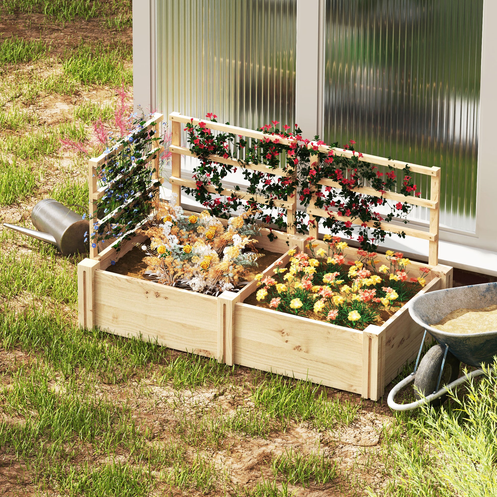 Raised Garden Bed with 3 Trellises, Open Bottom, and 2 Planters, Wooden Planter with Trellis for Climbing Plants, for Balcony, 119x62.5x64 cm, Wood Color
