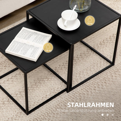 square coffee table 2-piece set, side table in modern design, steel frame, stackable, living room table coffee table side table for living room bedroom, black