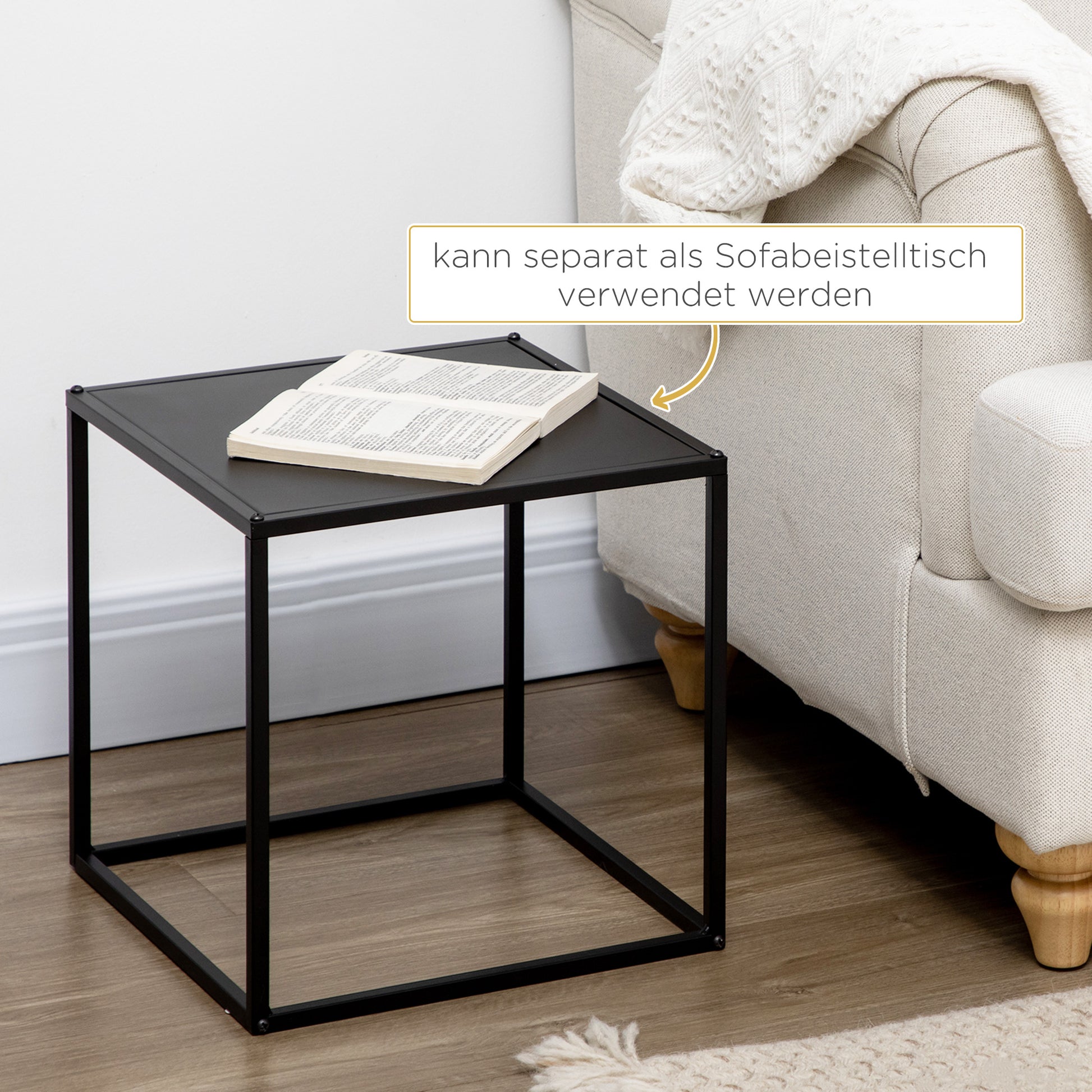 square coffee table 2-piece set, side table in modern design, steel frame, stackable, living room table coffee table side table for living room bedroom, black