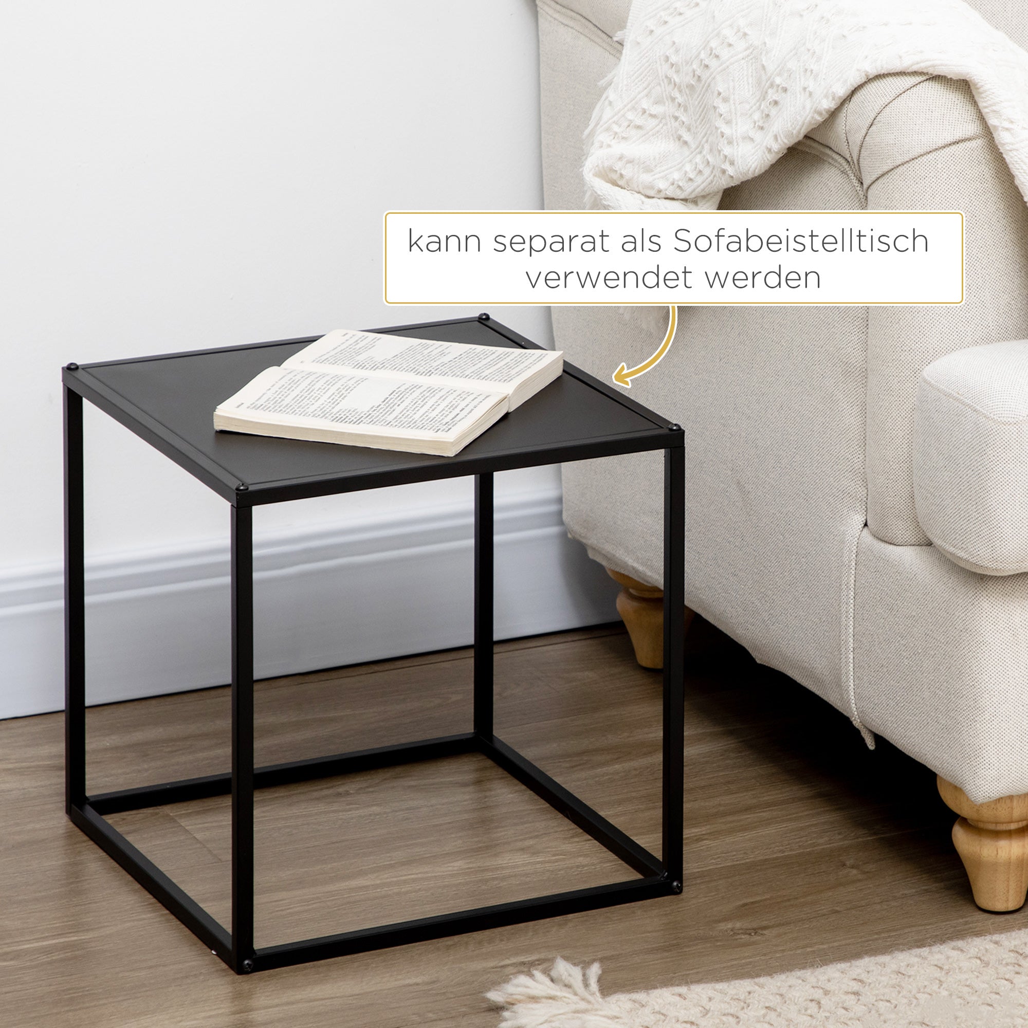 square coffee table 2-piece set, side table in modern design, steel frame, stackable, living room table coffee table side table for living room bedroom, black